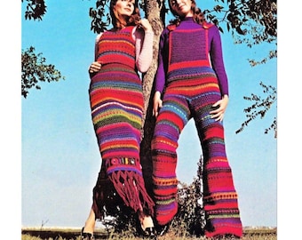 Vintage Crochet Pattern Rainbow Striped Overalls Maxi Skirt Tank Top Set PDF Instant Digital Download Retro Boho Groovy Hippie Wear 10 Ply
