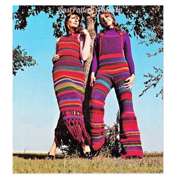 Vintage Crochet Pattern Rainbow Striped Overalls Maxi Skirt Tank Top Set PDF Instant Digital Download Retro Boho Groovy Hippie Wear 10 Ply