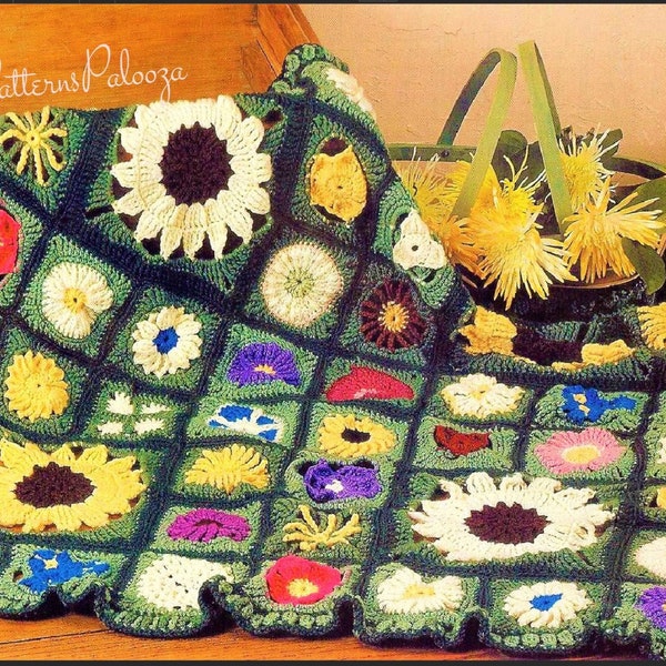 Vintage Crochet Afghan Pattern Beautiful Garden Flowers Wildflowers Granny Square Medley PDF Instant Digital Download 26 Different Florals