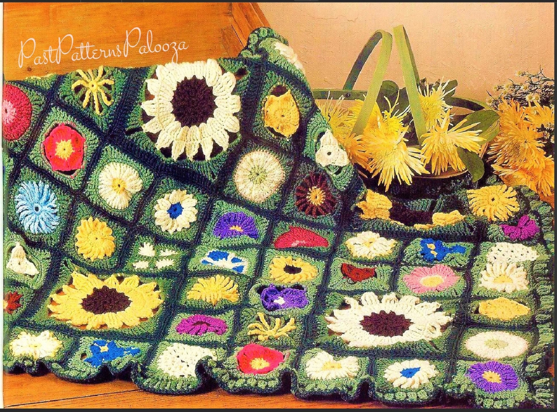Charleston Garden Flower Afghan Crochet Pattern is 53 x 76