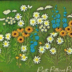 Vintage Crewel Embroidery Pattern Daisy Field Wildflowers Meadow PDF Instant Digital Download Retro 70s Flower Power Stitchery