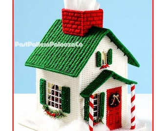 Vintage Plastic Canvas Pattern Festive Christmas House Boutique Tissue Box Cover Topper PDF Instant Digital Download 7 Count