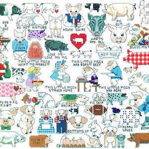 以下が含まれることがあります： さまざまな豚のイラストとことわざが描かれたカラフルなクロスステッチパターン。パターンには、「この子豚は市場に行った」「泥の中の豚のように幸せ」「豚のように食べる」などのフレーズが含まれています。