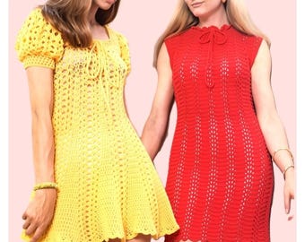Vintage Crochet Pattern Womens 70s Mod Summer Dresses PDF Instant Digital Download Retro Swing Dress Feather Fan Dress 4 Ply