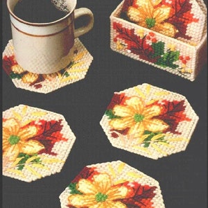 Vintage Plastic Canvas Pattern Autumn Flowers Coaster Set PDF Instant Digital Download Thanksgiving Fall Leaves Floral Craft Set of 6