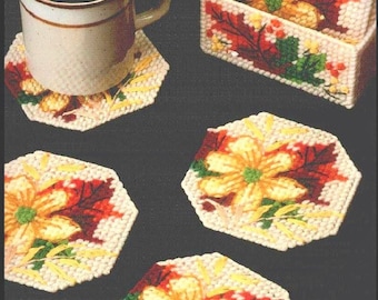 Vintage Plastic Canvas Pattern Autumn Flowers Coaster Set PDF Instant Digital Download Thanksgiving Fall Leaves Floral Craft Set of 6