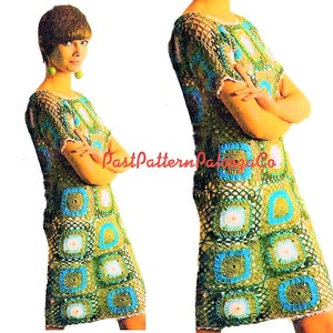 May include: A crochet dress pattern featuring a geometric design with squares of green, blue, and white. The dress has a square neckline and short sleeves.