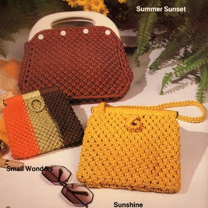 May include: Three crocheted bags in different colors and styles. The largest bag is brown with a white handle and is labeled "Summer Sunset". The medium bag is orange, beige, and brown and is labeled "Small Wonders". The smallest bag is yellow and has a strap and is labeled "Sunshine".