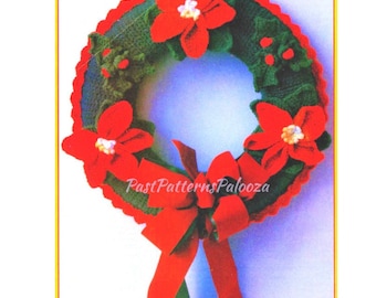 Vintage Crochet Pattern 24" Pretty Poinsettia Holly Berries Christmas Wreath PDF Instant Digital Download Holiday Door Wall Hanging 4 Ply