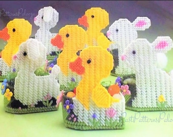 Vintage Plastic Canvas Pattern 4" Spring Bunnies Lambs Chicks Easter Candy Jelly Bean Holders PDF Instant Digital Download Mini Egg Baskets