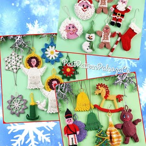 May include: A collection of various crocheted Christmas ornaments including figures of Santa Claus, gingerbread people, a snowman, angels, snowflakes, a rocking horse, a soldier, bells, a tree, and a stocking, with the text PastPatternPaloozaCo.