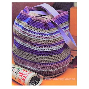 Vintage Crochet Pattern 16&quot; Large Striped Shopping Tote Round Cotton Bag PDF Instant Digital Download 10 Ply