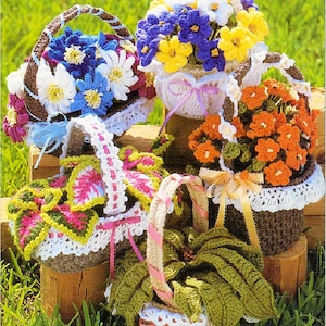 Vintage Crochet Patterns Fancy Flower and Plant Baskets PDF Instant Digital Download Realistic Floral Basket Amigurumi 5 Designs 10 Ply