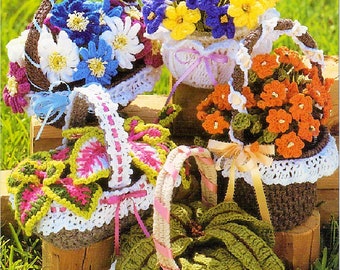 Vintage Crochet Patterns Fancy Flower and Plant Baskets PDF Instant Digital Download Realistic Floral Basket Amigurumi 5 Designs 10 Ply