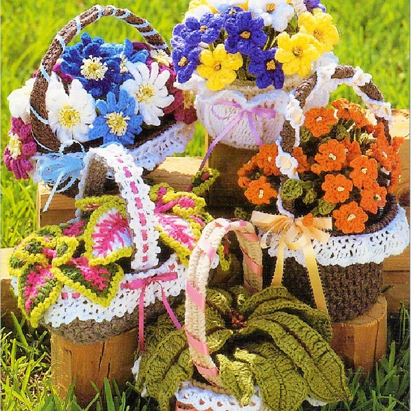 Vintage Crochet Patterns Fancy Flower and Plant Baskets PDF Instant Digital Download Realistic Floral Basket Amigurumi 5 Designs 10 Ply