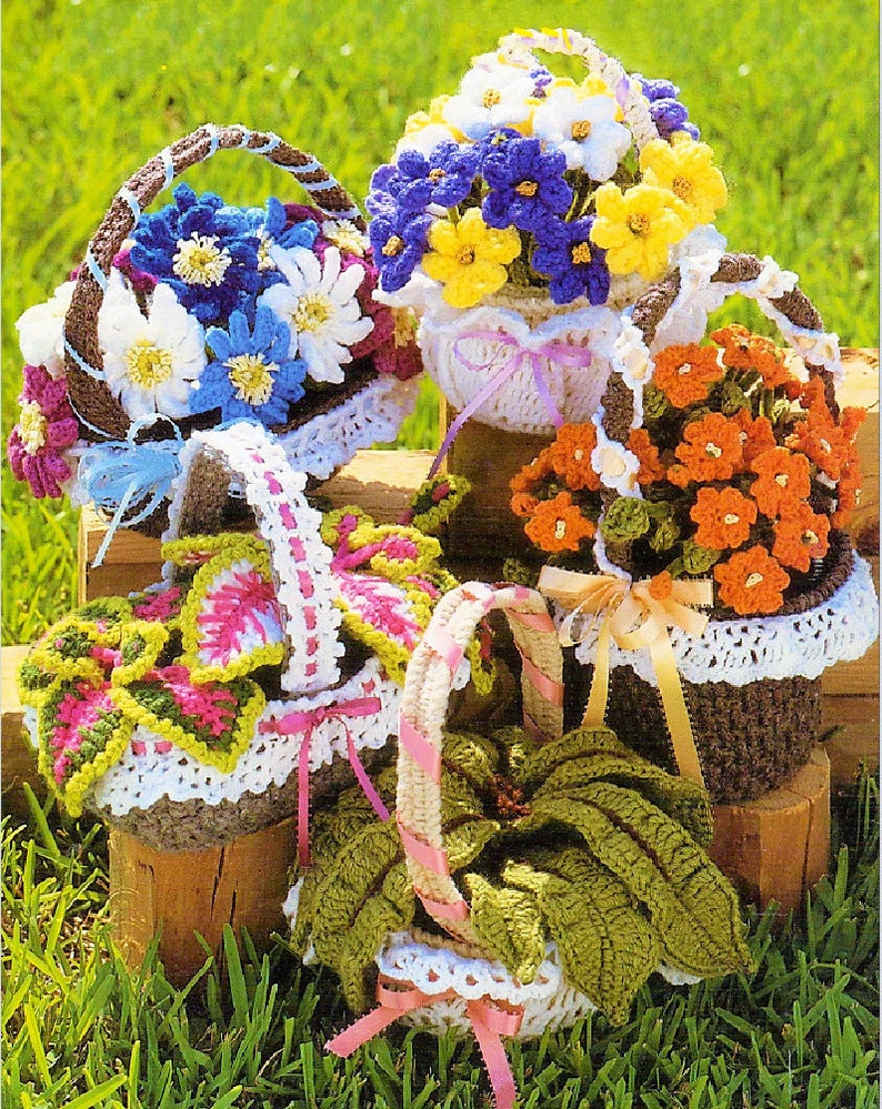 Vintage Crochet Patterns Fancy Flower and Plant Baskets PDF Instant Digital Download Realistic Floral Basket Amigurumi 5 Designs 10 Ply zdjęcie 1