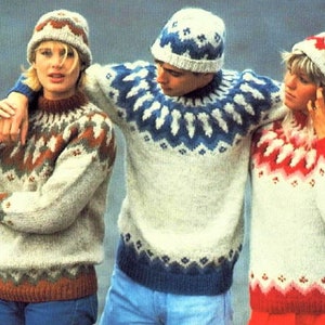 Vintage Knitting Pattern Nordic Lopi Icelandic Wool Pullover Knit Sweaters Hat & Legwarmers Set PDF Instant Digital Download Womens Mens image 2