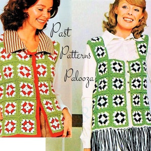 Vintage Crochet Pattern Womens Retro Tri-Color Granny Square Vests Collared & Fringed PDF Instant Digital Download Hippie Boho Chic 10 Ply