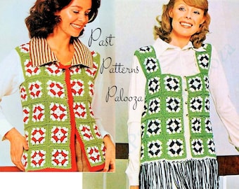 May include: Two crochet vests, one with red and white squares and the other with black and white squares, both with green backgrounds. The vests are shown on models wearing them.