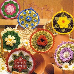 Vintage Crochet Pattern Pretty Flower Garden Potholders PDF Instant Digital Download Floral Gardenia Poppy Peony Daffodil Pot Holders 10 Ply