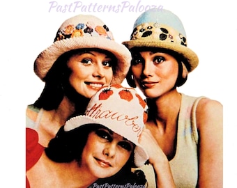 Vintage Crochet Pattern Womens Boho Brimmed Hats Flowers Sunshine Strawberries PDF Instant Digital Download 10 Ply