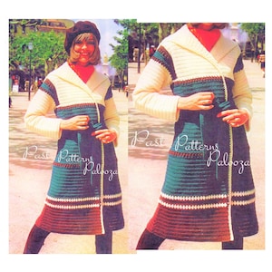 May include: A crochet coat with a striped pattern in shades of white, brown, green, and red. The coat has a wide collar, a belt, and pockets. The coat is shown on a model wearing a black beret.