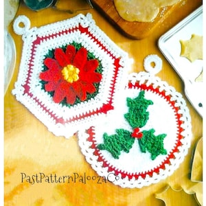 Vintage Crochet Pattern Christmas Poinsettia and Holly Pot Holder Set PDF Instant Digital Download Festive Holiday Potholders
