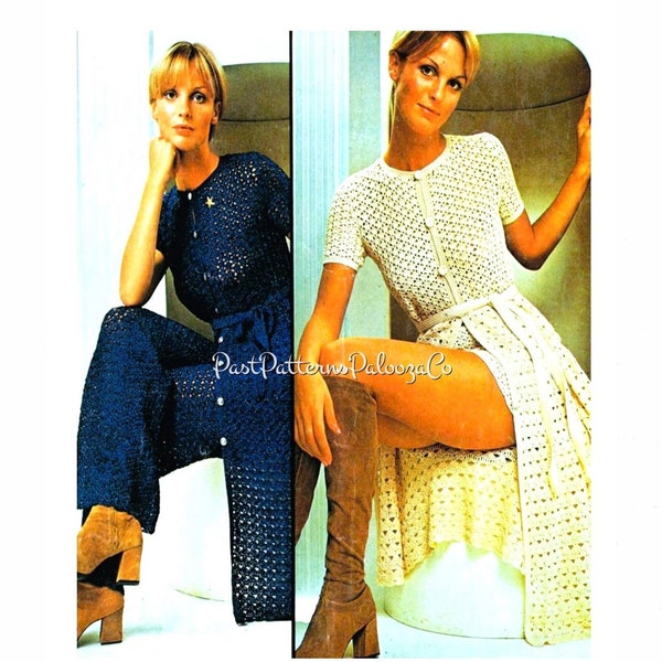 Vintage Crochet Pattern Lacy Duster Coat Dress Pants Shorts Suit Set Pantsuit Outfit PDF Instant Digital Download 70s Boho Chic 4 Ply