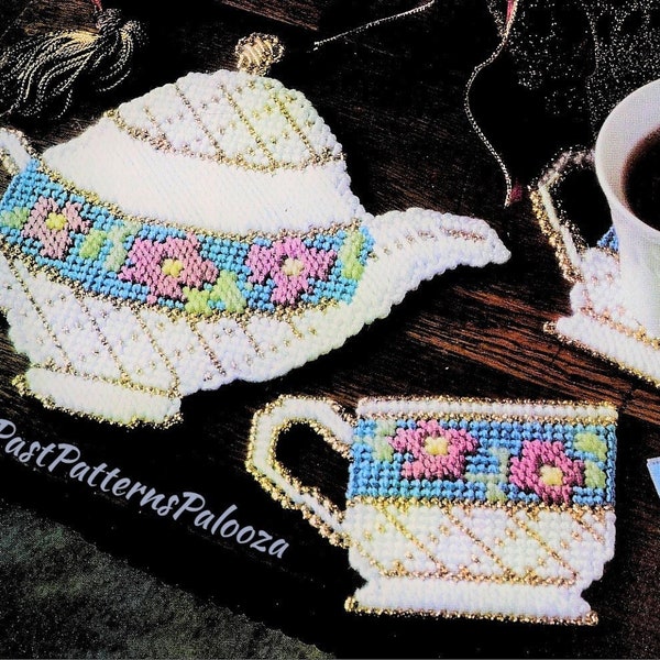 Vintage Plastic Canvas Pattern Floral Teacup Teapot Coasters and Trivet Set PDF Instant Digital Download Drink Coasters Hot Plate 7 Mesh