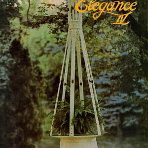 May include: A white macrame plant hanger with a green plant inside. The hanger is hanging from a tree branch. The title "Macrame Elegance IV" and "La Parisienne" are printed on the image.