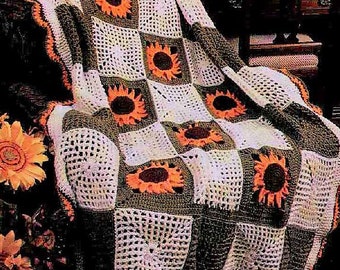 Crochet Sunflowers and Squares Motif Afghan Pattern PDF Instant Digital Download Vintage Sun Flowers Blanket 45x60 10 Ply