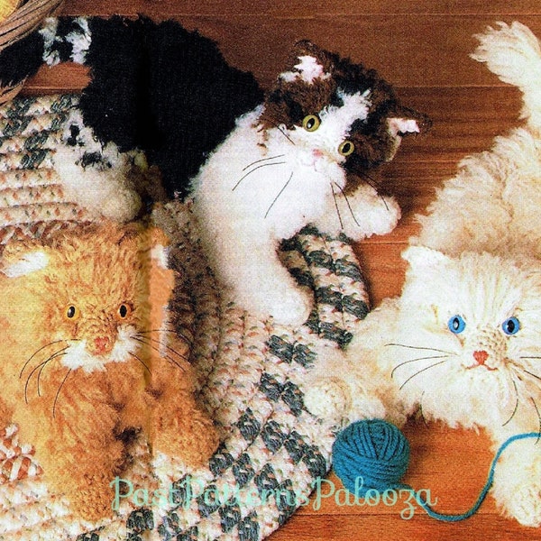 Vintage Crochet Pattern Three 7" Fluffy Kittens Amigurumi PDF Instant Digital Download Realistic Long Haired Kitty Cat Plush 10 Ply
