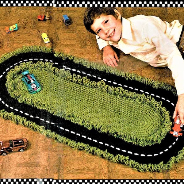 Vintage Crochet Pattern Toy Car Racetrack Road Rug Playmat PDF Instant Digital Download Roadway Kids Room Playroom Play Rug 3.5 Feet