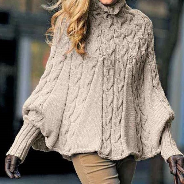 Vintage Knitting Pattern Womens Aran Cable Cabled Poncho Swing Sweater Design PDF Instant Digital Download 10 Ply