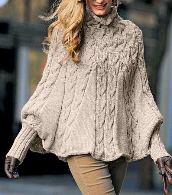 Ladies Cable Knit Poncho with Buttons