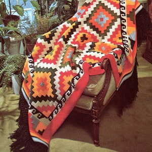 Vintage Crochet Geometric Indian Afghan Pattern PDF Instant Digital Download Retro Diamonds Indian Blanket Tunisian Stitch 51x72 10 Ply