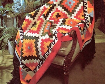 Vintage Crochet Geometric Indian Afghan Pattern PDF Instant Digital Download Retro Diamonds Indian Blanket Tunisian Stitch 51x72 10 Ply