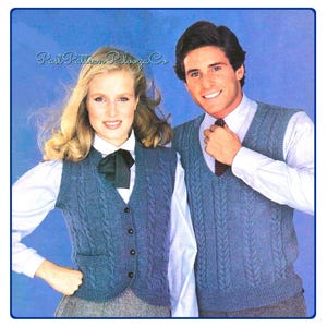 Vintage Knitting Pattern His & Hers Classic Cable Knit Cardigan Pullover and Vest Sweaters PDF Instant Digital Download Womens Mens Vests