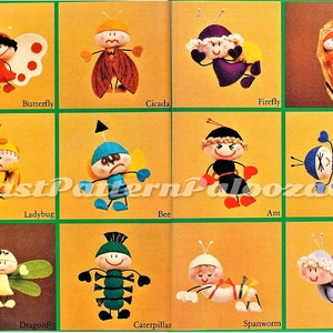 May include: A set of 12 felt craft patterns for making cute insect and bug characters. The patterns include a butterfly, cicada, firefly, bagworm, ladybug, bee, ant, water spider, dragonfly, caterpillar, spanworm, and snail.