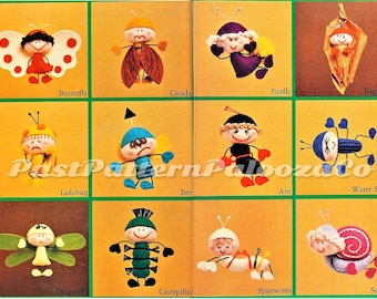 May include: A set of 12 felt craft patterns for making cute insect and bug characters. The patterns include a butterfly, cicada, firefly, bagworm, ladybug, bee, ant, water spider, dragonfly, caterpillar, spanworm, and snail.