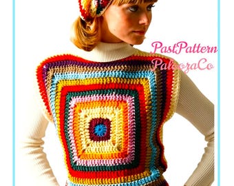 Vintage Crochet Pattern Sleeveless Granny Square Top Head Scarf Set PDF Instant Digital Download Retro 1970s