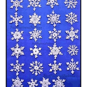 Peut inclure: Vingt-quatre flocons de neige en crochet blanc sur un fond bleu. Les flocons de neige sont disposés en quatre rangées de six flocons de neige chacune. Le texte "Fast Patterns Palooza" apparaît en bas de l'image.