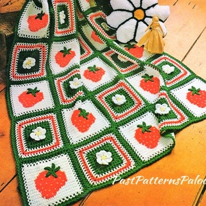 Vintage Crochet Pattern Strawberries Rosette Blossoms Afghan Granny Squares PDF Instant Digital Download Berries Flowers Blanket 10 Ply