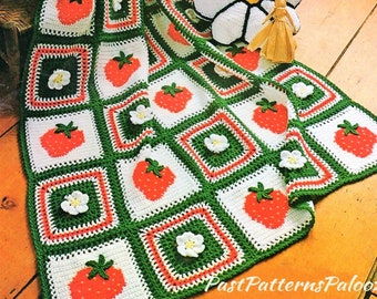 Vintage Crochet Pattern Strawberries Rosette Blossoms Afghan Pillows Set Granny Squares PDF Instant Digital Download Berries Flowers Blanket