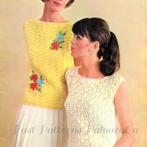May include: Two women wearing crocheted sleeveless tops. The top on the left is yellow with red and blue floral embroidery. The top on the right is white.  The woman on the left is wearing a white skirt. The woman on the right is wearing a yellow skirt.  Past Patterns Palooza Co.