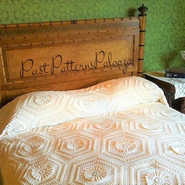 Vintage Crochet Pattern Marguerite Sunflower Popcorn Pinwheel Bedspread PDF Instant Digital Download Twin Full Throw Blanket Cotton Thread