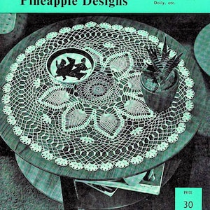 May include: A vintage crochet pattern book cover featuring a white crocheted doily on a wooden table. The cover is turquoise blue with the title "Russell Lea Crochet Book Number 110 Pineapple Designs" and the text "Price 30 Cents".
