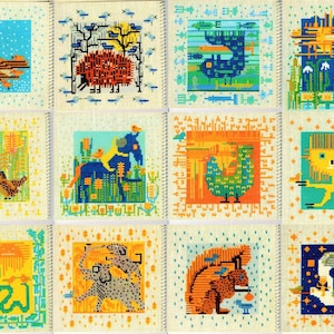 May include: A set of 12 colourful embroidered squares featuring various animals and nature scenes. Each square has a different design, including a robin, a hedgehog, a fish, a sun, a bird, a horse, a rooster, a lion, a snake, an elephant, a squirrel, and a moon.
