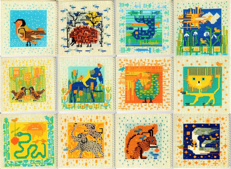 Vintage Cross Stitch Pattern Retro Whimsical Psychedelic Mod Quirky Animals PDF Instant Digital Download 1970s Embroidery 12 Designs image 1