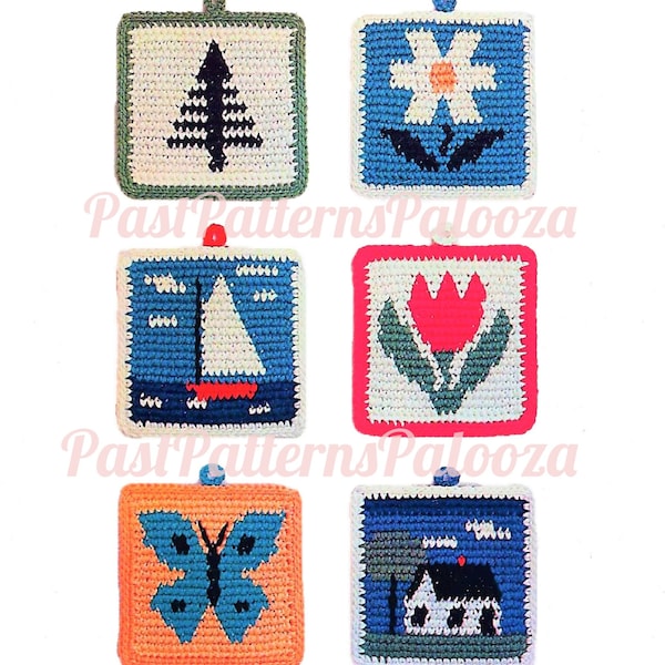 Vintage Crochet Pattern Fun Retro Picture Pot Holders PDF Instant Digital Download Flowers Tree Sailboat Butterfly House Potholders